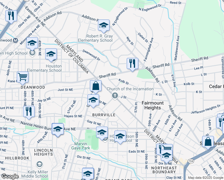 map of restaurants, bars, coffee shops, grocery stores, and more near 905 Eastern Avenue Northeast in Fairmount Heights