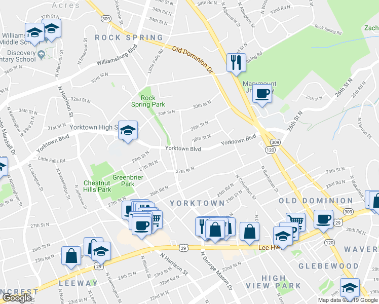 map of restaurants, bars, coffee shops, grocery stores, and more near 5024 Yorktown Boulevard in Arlington