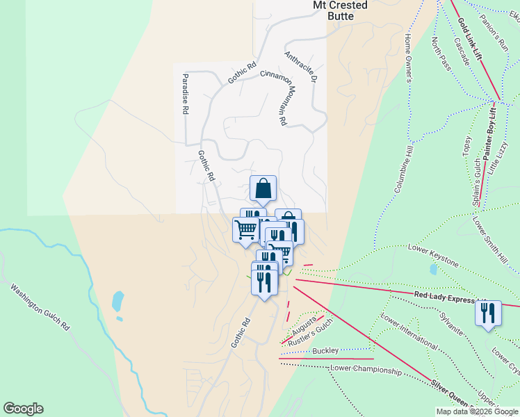 map of restaurants, bars, coffee shops, grocery stores, and more near 32-38 Emmons Road in Crested Butte