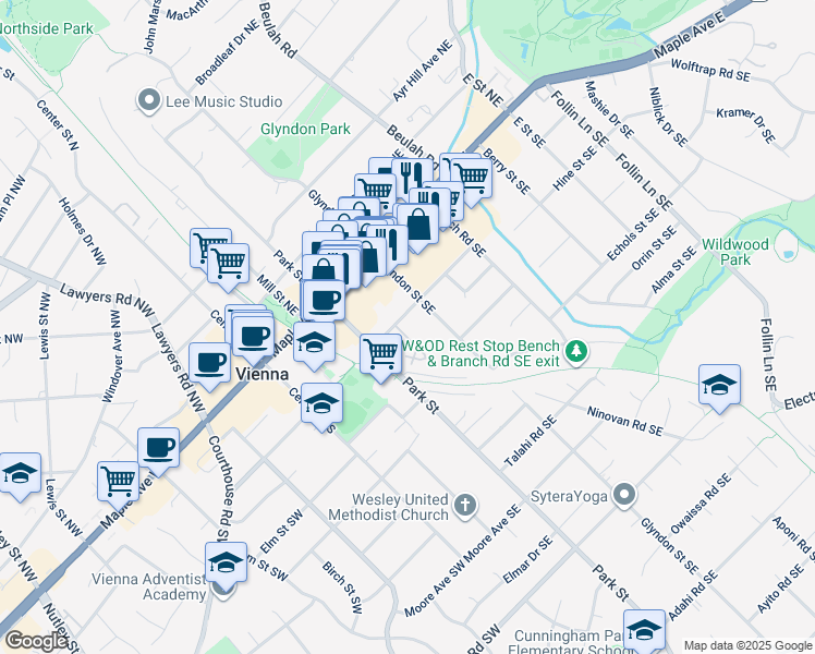 map of restaurants, bars, coffee shops, grocery stores, and more near 200 Park Terrace Court Southeast in Vienna