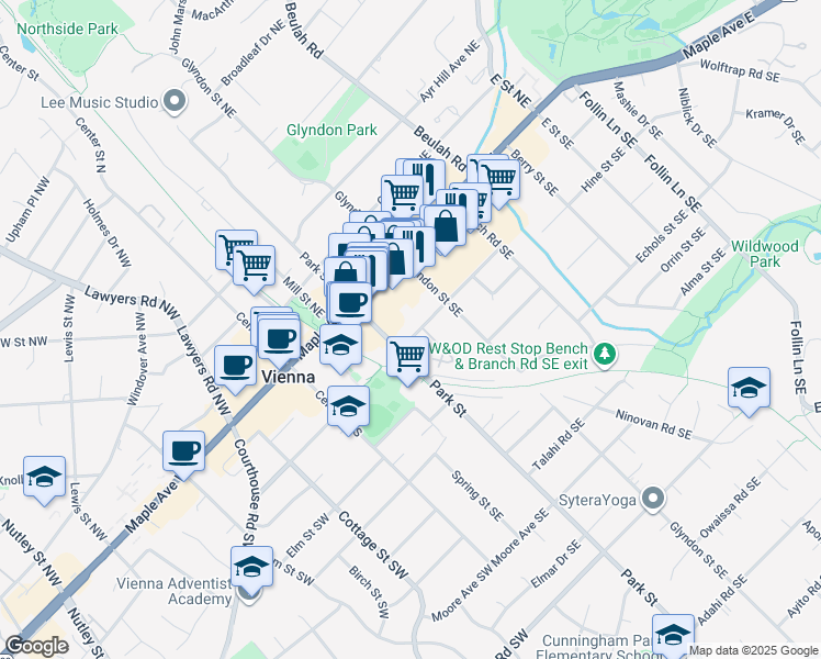 map of restaurants, bars, coffee shops, grocery stores, and more near 200 Locust Street Southeast in Vienna