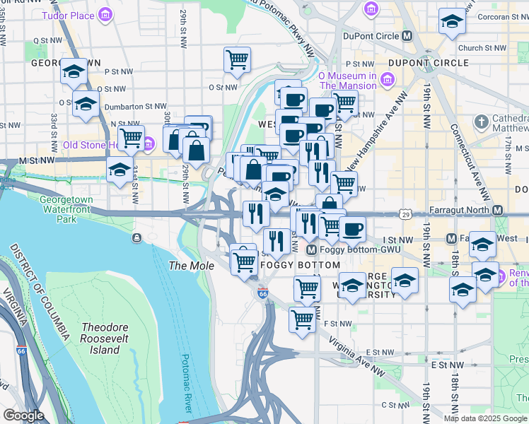 map of restaurants, bars, coffee shops, grocery stores, and more near K St NW & 25th St NW in Washington