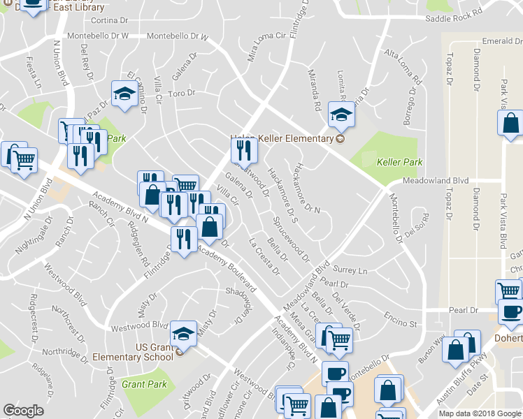 map of restaurants, bars, coffee shops, grocery stores, and more near 4903 Galena Drive in Colorado Springs
