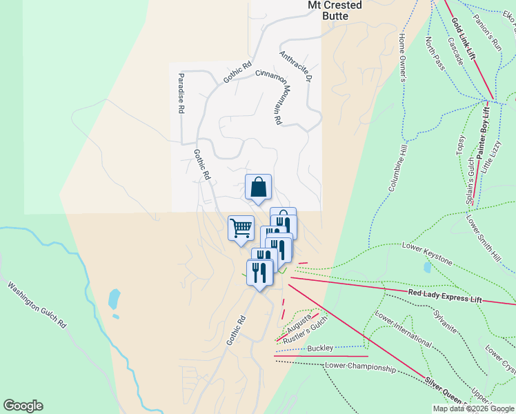 map of restaurants, bars, coffee shops, grocery stores, and more near 39 Whetstone Road in Crested Butte
