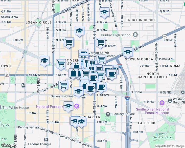 map of restaurants, bars, coffee shops, grocery stores, and more near 619 K Street Northwest in Washington