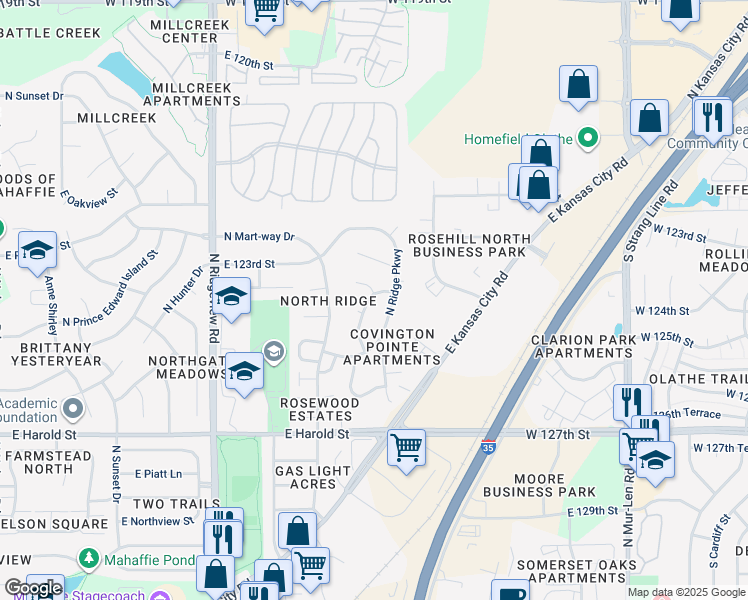 map of restaurants, bars, coffee shops, grocery stores, and more near 1336 North Harvey Drive in Olathe