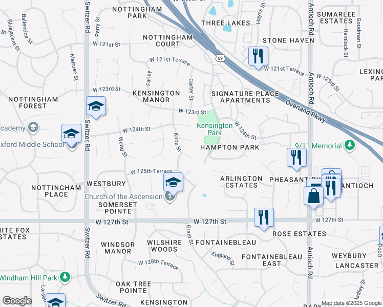 map of restaurants, bars, coffee shops, grocery stores, and more near 9604 West 125th Street in Overland Park