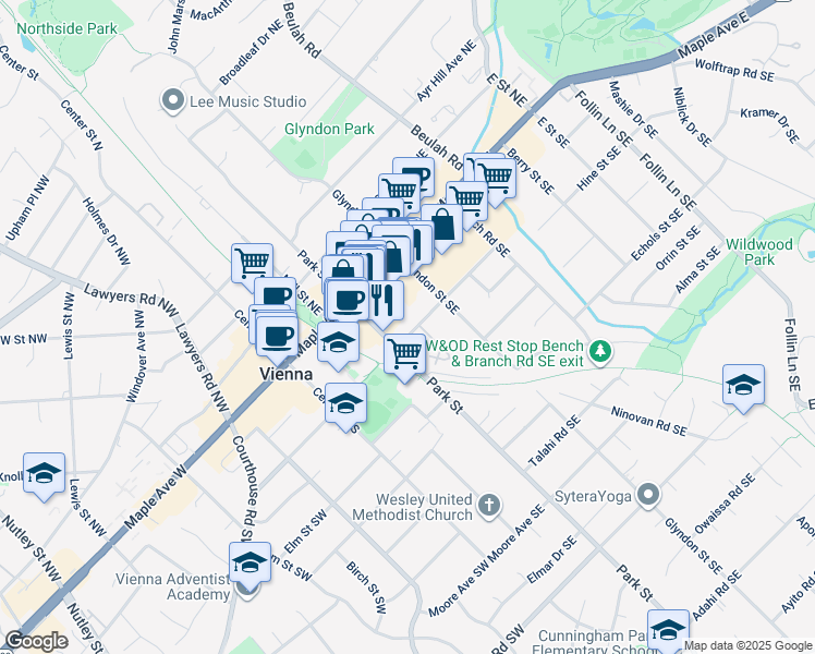 map of restaurants, bars, coffee shops, grocery stores, and more near 200 Locust Street Southeast in Vienna