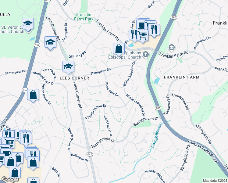 map of restaurants, bars, coffee shops, grocery stores, and more near 3587 Plum Dale Drive in Fairfax