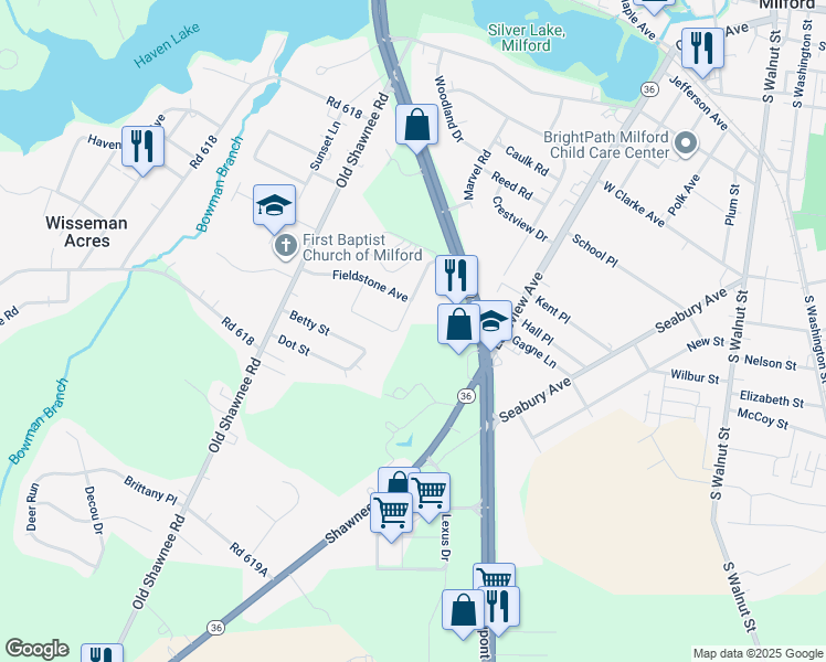 map of restaurants, bars, coffee shops, grocery stores, and more near 6340 Pebblebrook Drive in Milford