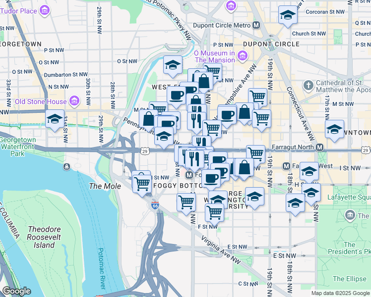 map of restaurants, bars, coffee shops, grocery stores, and more near Washington Circle Northwest in Washington
