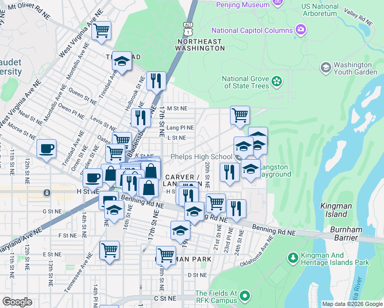 map of restaurants, bars, coffee shops, grocery stores, and more near 101 Independence Avenue Southeast in Washington