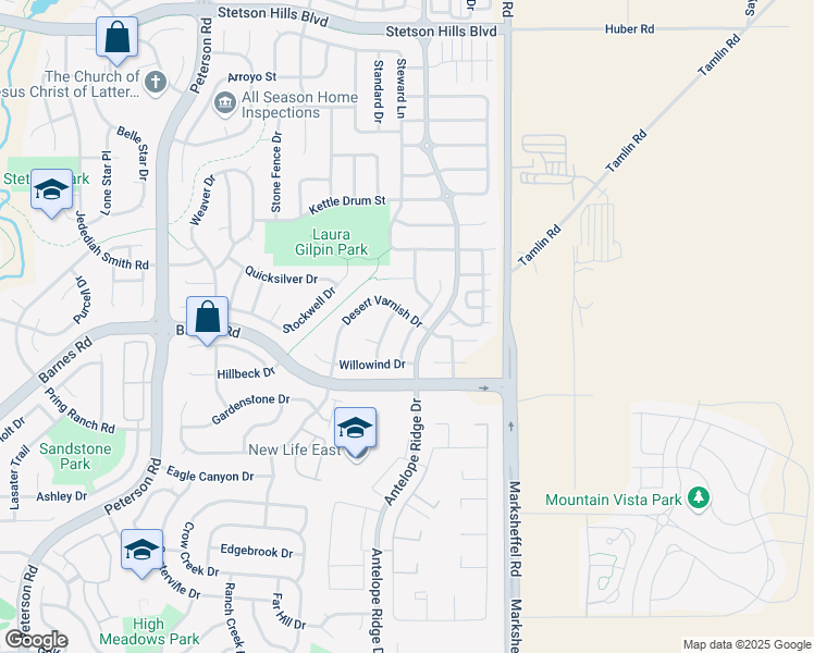 map of restaurants, bars, coffee shops, grocery stores, and more near 4872 Sand Ripples Lane in Colorado Springs