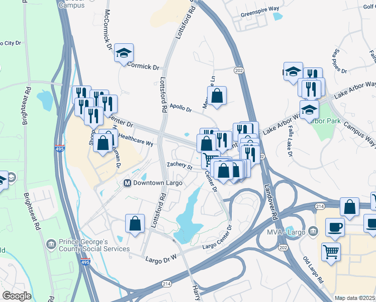map of restaurants, bars, coffee shops, grocery stores, and more near 9721 Summit Circle in Upper Marlboro