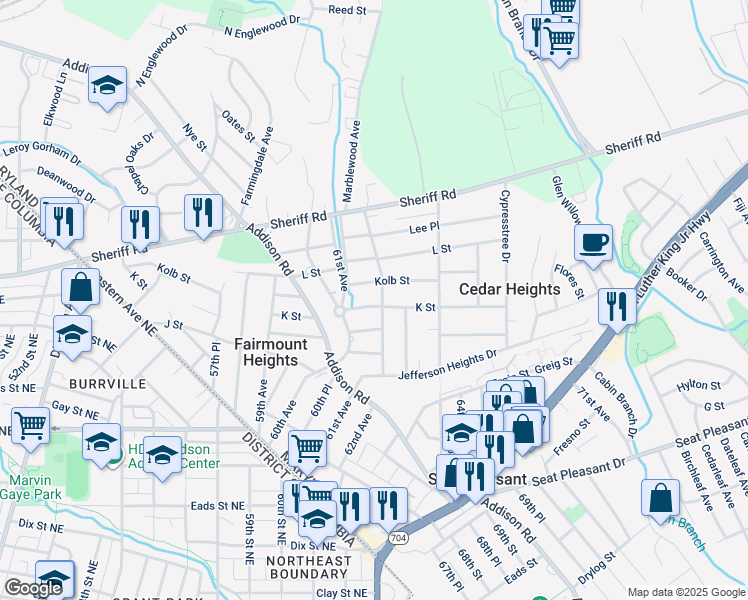 map of restaurants, bars, coffee shops, grocery stores, and more near 6108 K Street in Fairmount Heights