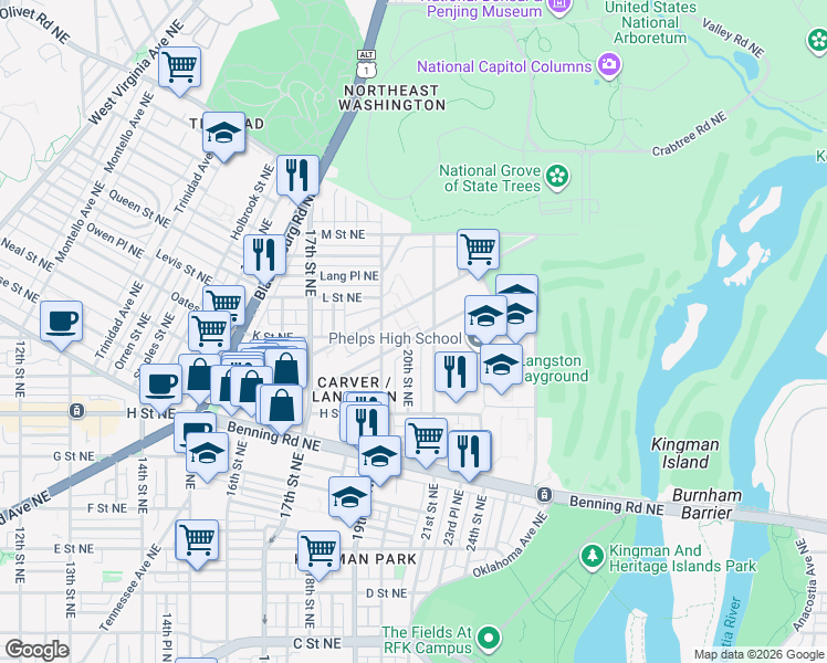 map of restaurants, bars, coffee shops, grocery stores, and more near 101 Independence Avenue Southeast in Washington
