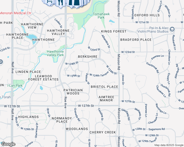 map of restaurants, bars, coffee shops, grocery stores, and more near 4248 West 124th Terrace in Leawood