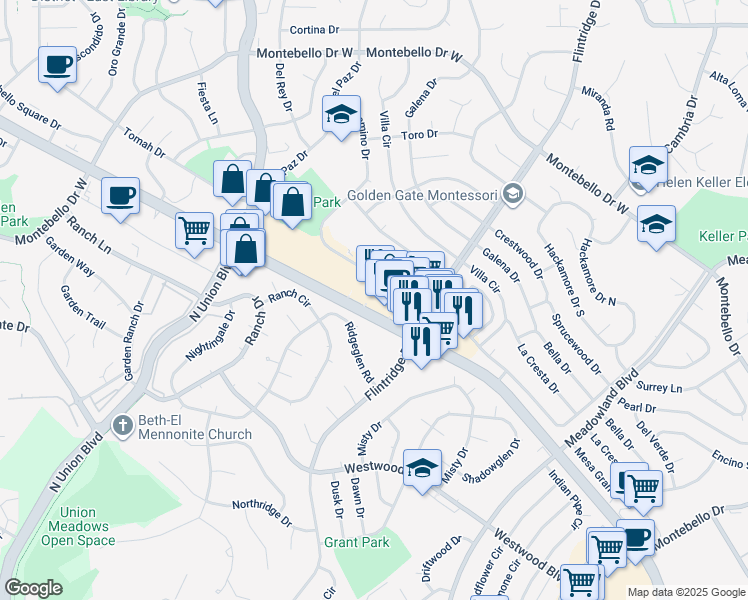 map of restaurants, bars, coffee shops, grocery stores, and more near 4845 North Academy Boulevard in Colorado Springs