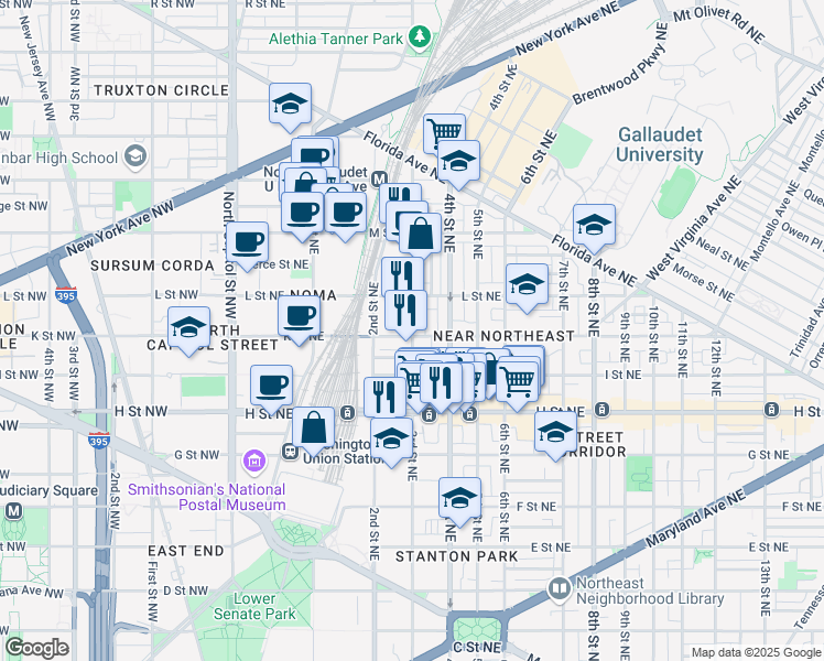 map of restaurants, bars, coffee shops, grocery stores, and more near 1006 3rd Street Northeast in Washington