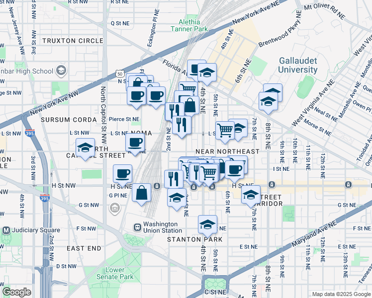 map of restaurants, bars, coffee shops, grocery stores, and more near 1006 3rd Street Northeast in Washington
