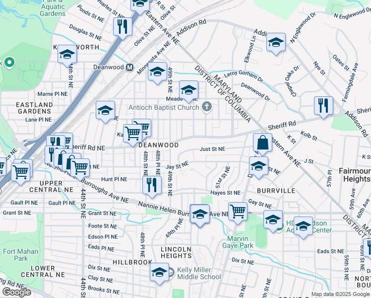 map of restaurants, bars, coffee shops, grocery stores, and more near 4978 Just Street Northeast in Washington