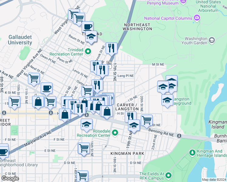map of restaurants, bars, coffee shops, grocery stores, and more near 1662 K Street Northeast in Washington