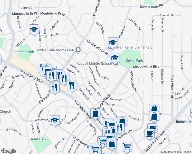 map of restaurants, bars, coffee shops, grocery stores, and more near 4816 Hackamore Drive North in Colorado Springs