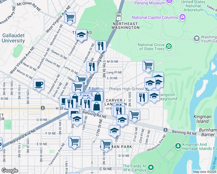 map of restaurants, bars, coffee shops, grocery stores, and more near 101 Independence Avenue Southeast in Washington