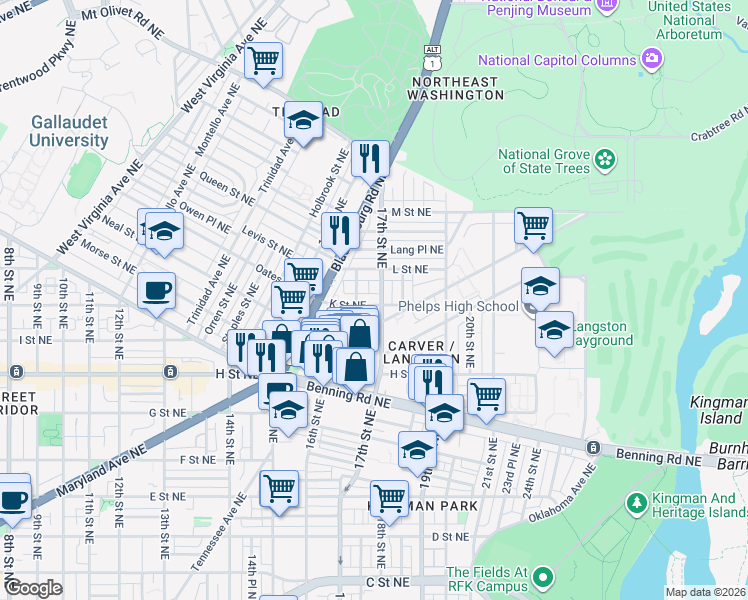 map of restaurants, bars, coffee shops, grocery stores, and more near 1636 K Street Northeast in Washington