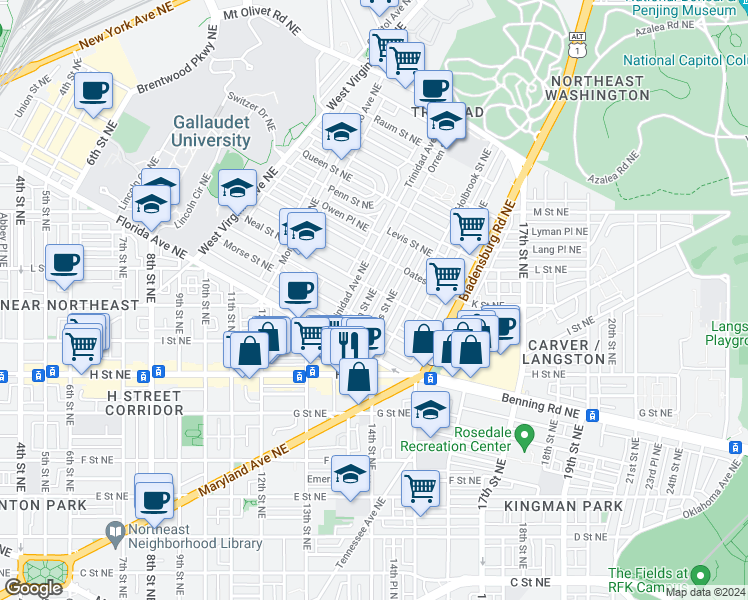 map of restaurants, bars, coffee shops, grocery stores, and more near 101 Independence Avenue Southeast in Washington