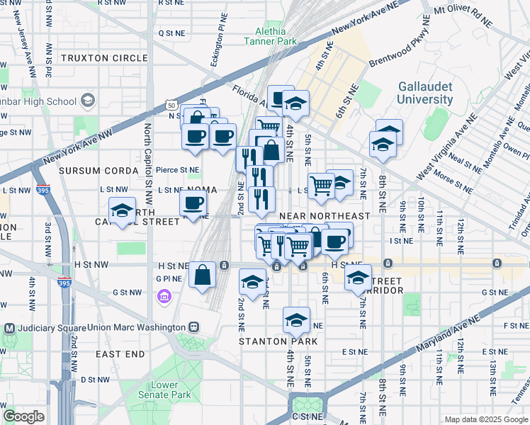 map of restaurants, bars, coffee shops, grocery stores, and more near 101 Independence Avenue Southeast in Washington
