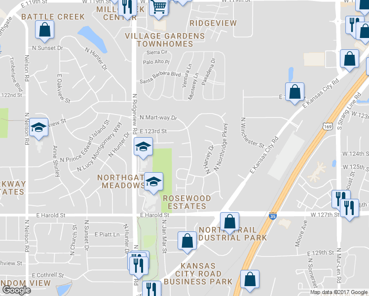 map of restaurants, bars, coffee shops, grocery stores, and more near 1426 East 124th Street in Olathe