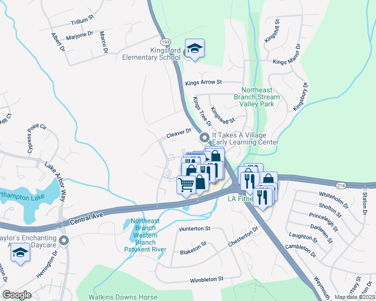 map of restaurants, bars, coffee shops, grocery stores, and more near 947 Saint Michaels Drive in Bowie