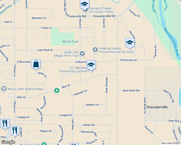 map of restaurants, bars, coffee shops, grocery stores, and more near 1446 Muir Drive in Gardnerville
