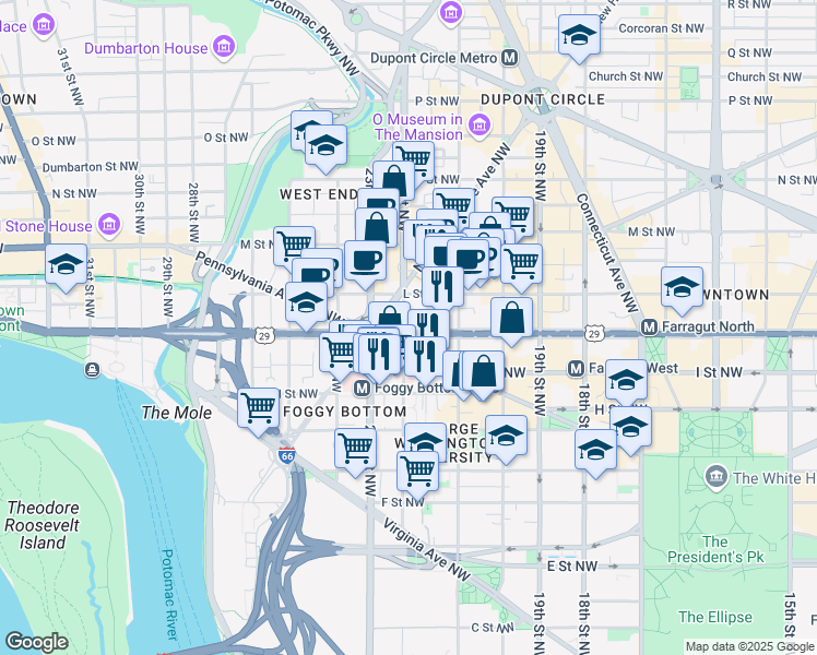 map of restaurants, bars, coffee shops, grocery stores, and more near 2175 K Street Northwest in Washington