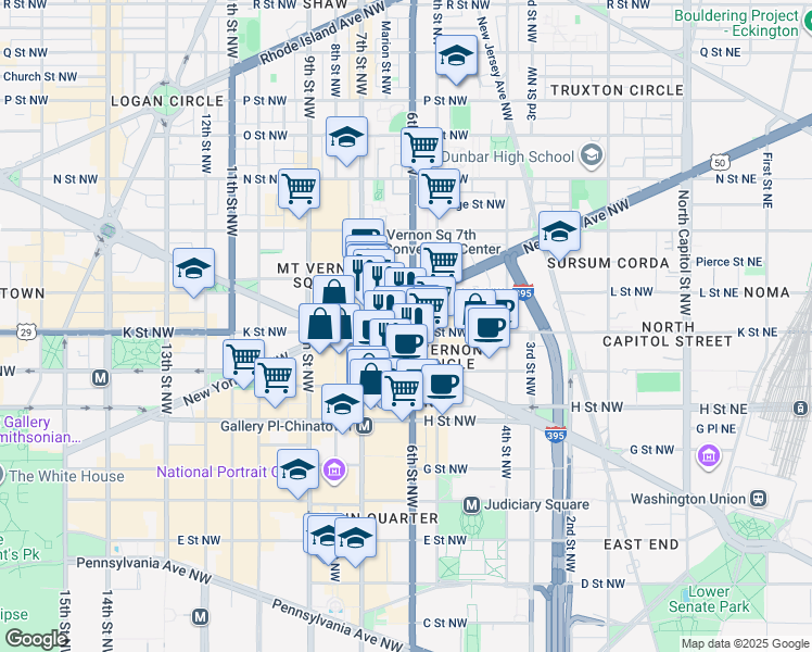 map of restaurants, bars, coffee shops, grocery stores, and more near 601 K Street Northwest in Washington