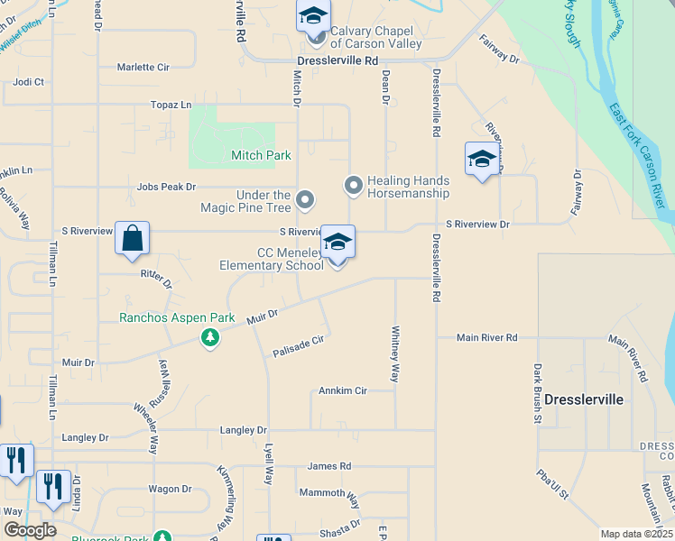 map of restaurants, bars, coffee shops, grocery stores, and more near 1446 Muir Drive in Gardnerville