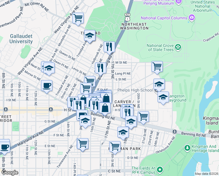 map of restaurants, bars, coffee shops, grocery stores, and more near 101 Independence Avenue Southeast in Washington