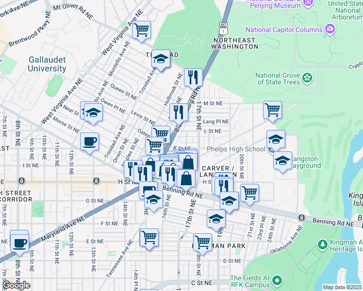 map of restaurants, bars, coffee shops, grocery stores, and more near 101 Independence Avenue Southeast in Washington