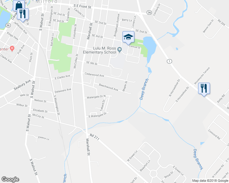 map of restaurants, bars, coffee shops, grocery stores, and more near 640 Beechwood Avenue in Milford