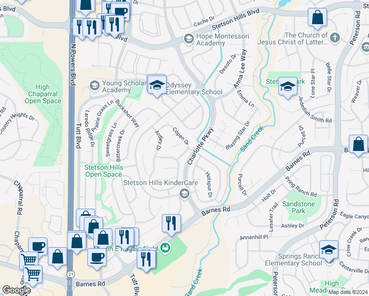 map of restaurants, bars, coffee shops, grocery stores, and more near 4938 Copen Drive in Colorado Springs