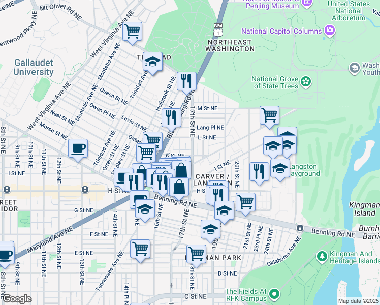 map of restaurants, bars, coffee shops, grocery stores, and more near 1662 K Street Northeast in Washington