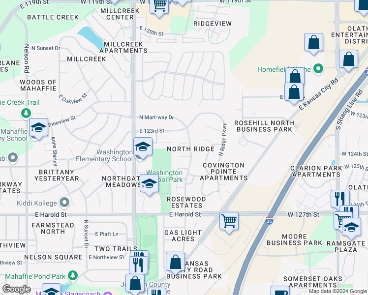map of restaurants, bars, coffee shops, grocery stores, and more near 1415 East 123rd Terrace in Olathe