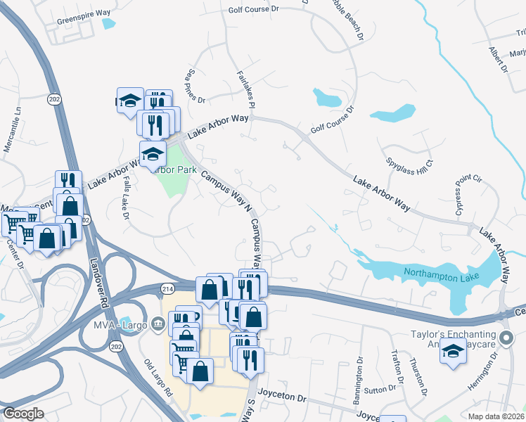 map of restaurants, bars, coffee shops, grocery stores, and more near 10725 Kitchener Court in Bowie