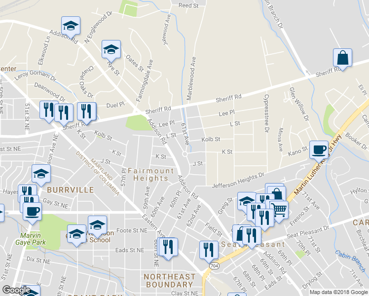 map of restaurants, bars, coffee shops, grocery stores, and more near 6000 K Street in Fairmount Heights