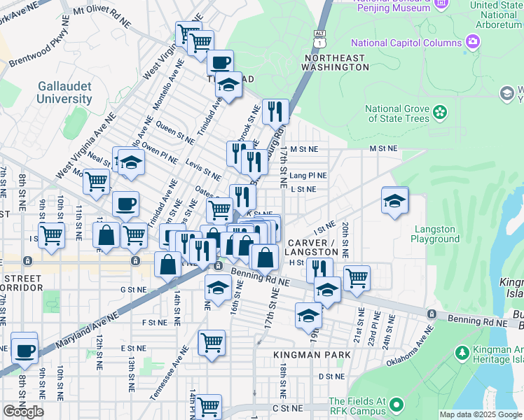 map of restaurants, bars, coffee shops, grocery stores, and more near 101 Independence Avenue Southeast in Washington