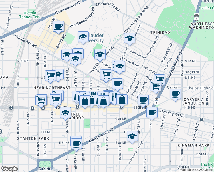 map of restaurants, bars, coffee shops, grocery stores, and more near Florida Avenue Northeast & 12th Street Northeast in Washington