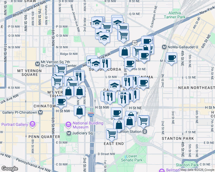 map of restaurants, bars, coffee shops, grocery stores, and more near 90 K Street Northwest in Washington