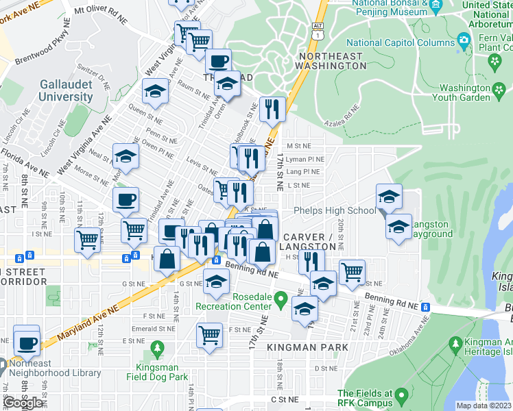 map of restaurants, bars, coffee shops, grocery stores, and more near 101 Independence Avenue Southeast in Washington