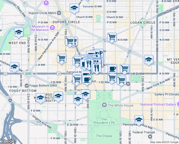 map of restaurants, bars, coffee shops, grocery stores, and more near 1001 Connecticut Avenue Northwest in Washington